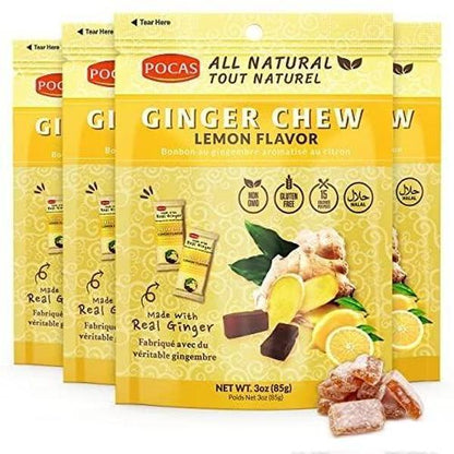 Pocas Sugar-Sweetened Ginger Chews, Lemon Flavor Candy, 3 oz, 24-Count Box Chewy Treat