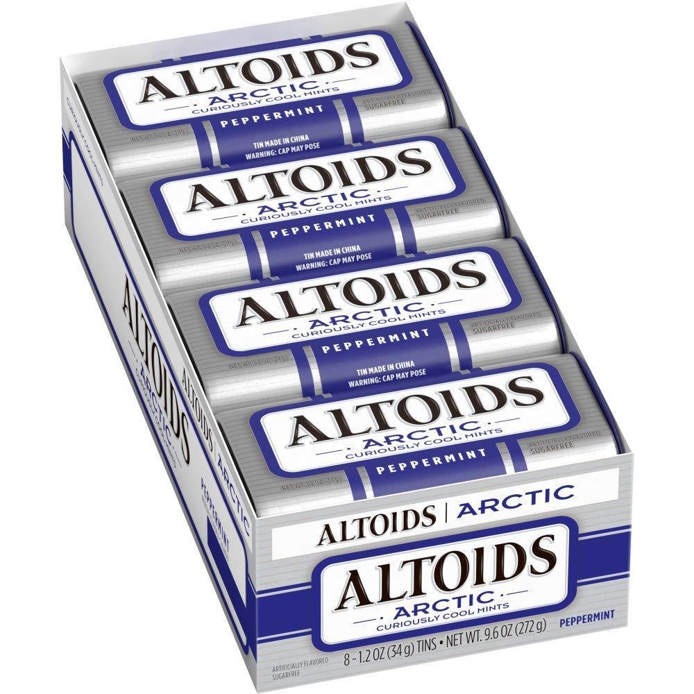 ALTOIDS Arctic Peppermint Breath Mints - 1.2oz, 8 Tins, Sugar-Free Portable Candy for Travel & Office, Mint Boiled & Hard Sweets for Cool Breath Freshening