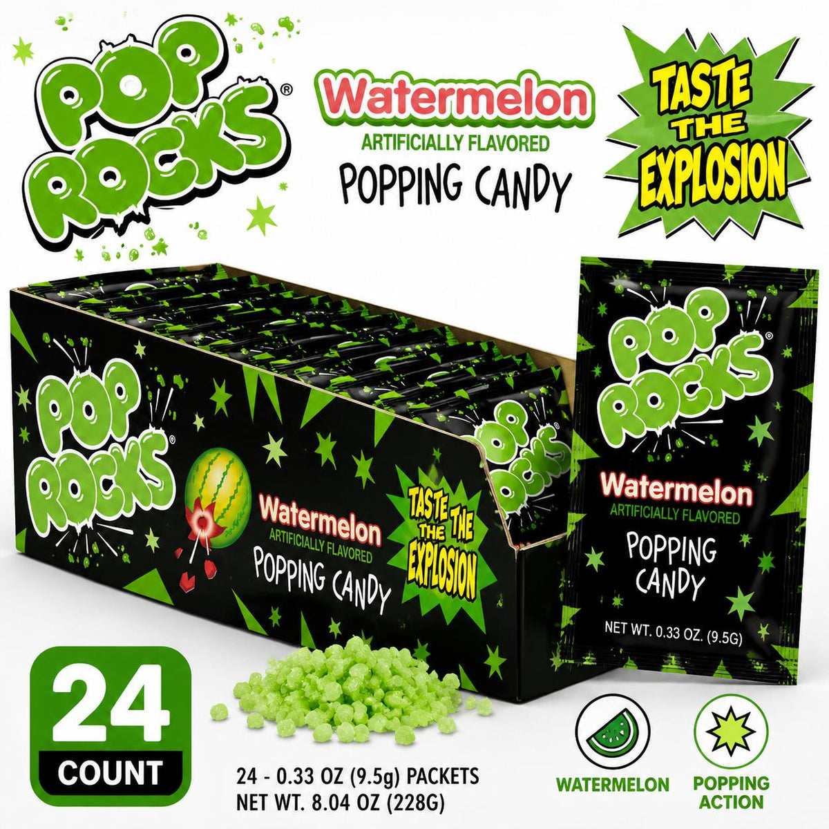 Pop Rocks Watermelon Popping Candy, 24 Sugar-Packed Juicy Refreshing Packets, Fizzy Crackling Party Treats