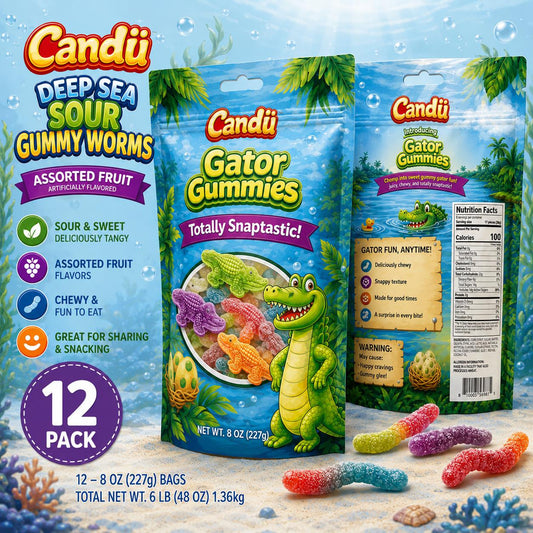 Candu Deep Sea Sour Soft Sweet Gummy Worms, Assorted Fruit Candies, 8oz, 12 Packs, Fruity Chewy Snacks