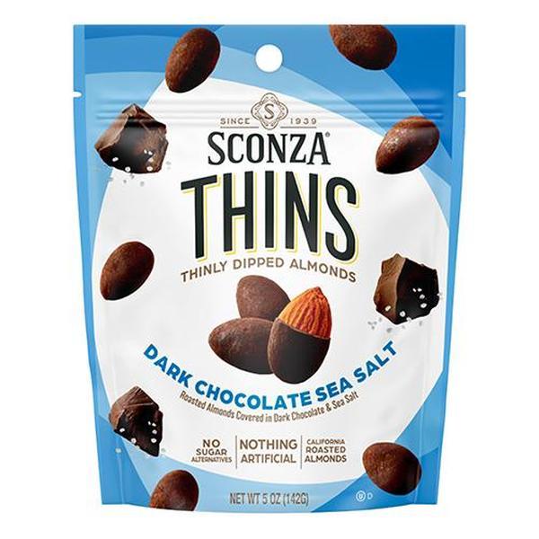 Sconza Thins Dark Chocolate Sea Salt Almond Snack, 5oz Peg Bags (6 Count)