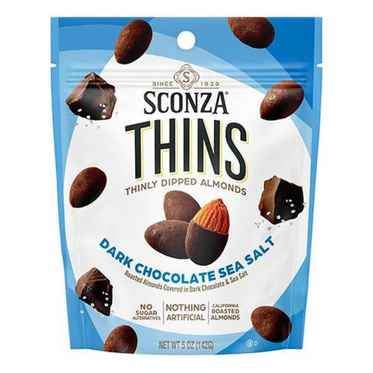 Sconza Thins Dark Chocolate Sea Salt Almond Snack, 5oz Peg Bags (6 Count)