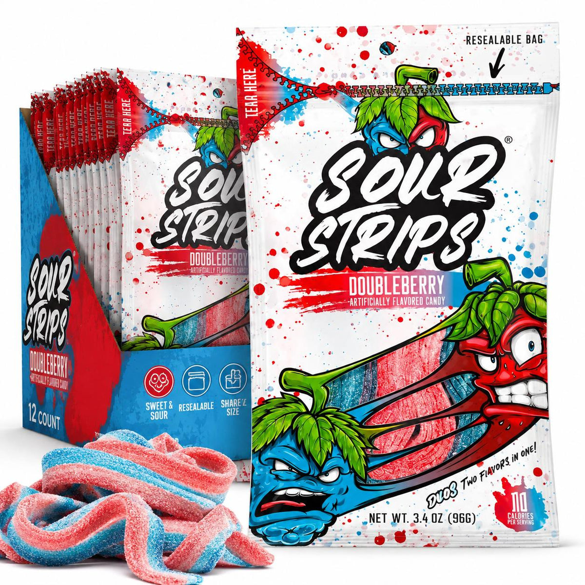 Sour Strips Doubleberry Sour Candy Belts 3.4 oz 12 Count  Sweet & Sour Chewy Candy Strips | Resealable Peg Bags for Snacking & Sharing