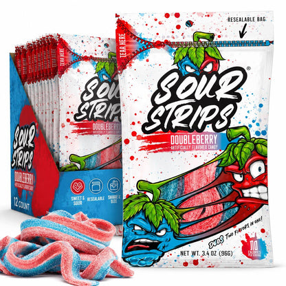 Sour Strips Doubleberry Sour Candy Belts 3.4 oz 12 Count  Sweet & Sour Chewy Candy Strips | Resealable Peg Bags for Snacking & Sharing