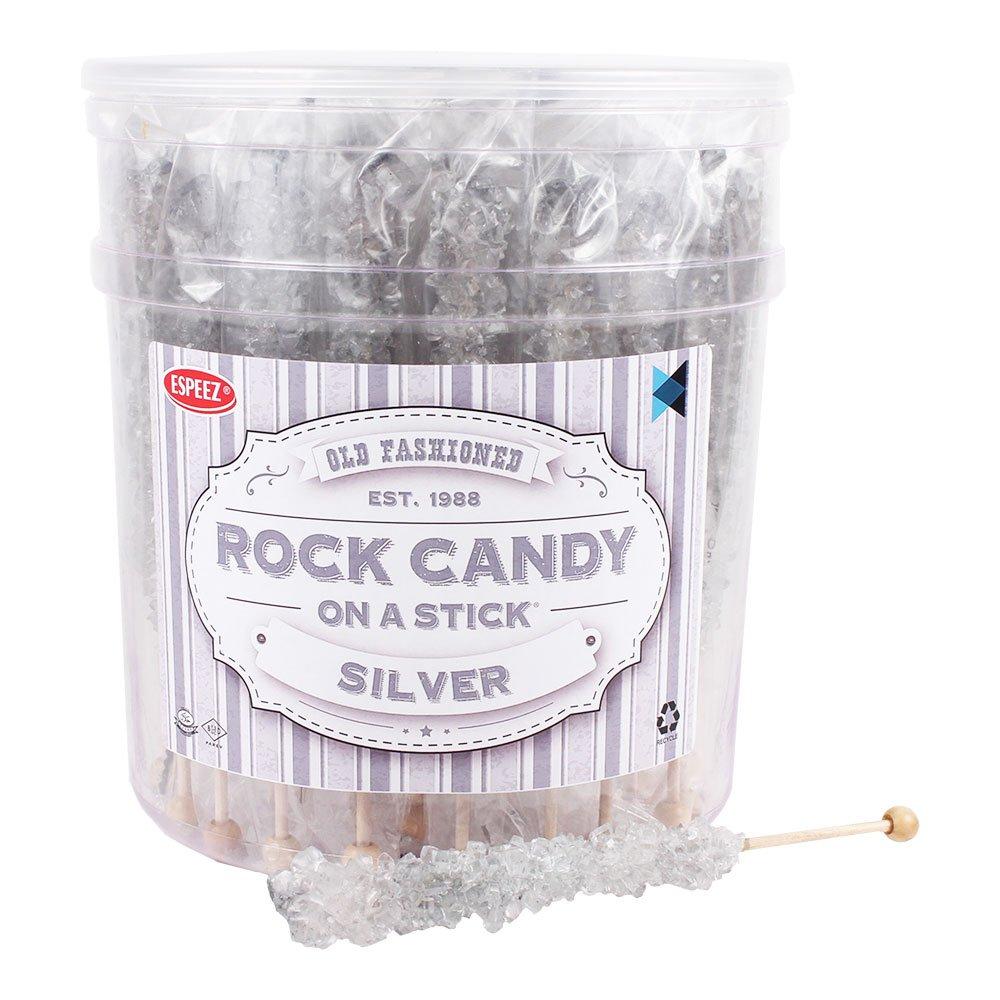 Espeez Silver Rock Candy on a Stick - 6.5 in Pure Sugar Crystal Snack Candies, 36-Count Bulk Sticks for Birthday Party Favors, Wedding Treats