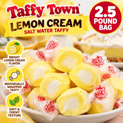 Taffy Town Lemon Cream Salt Water Taffy, 2.5lb Bulk Bag, Individually Wrapped Chewy Candies - Sweet Snacks for Adults, Party Treats