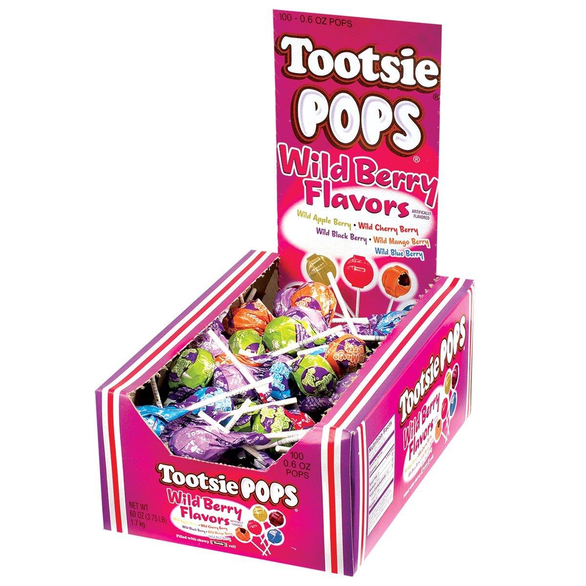 Tootsie Pops Wild Berry Flavor Hard Candy Snack Pack - 100 Count Large Tray Box, Fruity Sweet Treats with Chewy Tootsie Roll Center, Bulk for Parties, Ambient Storage