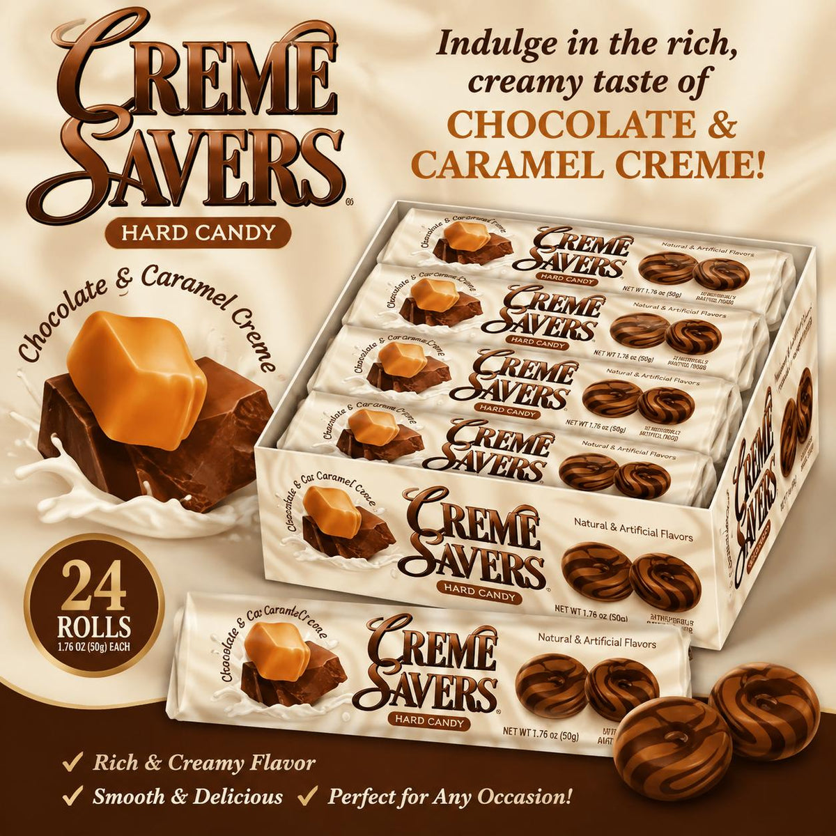 Creme Savers Chocolate&Caramel Flavor Hard Candies - 1.76 oz, 24-Count Tray Packaging, Sweet Snack for Daily Enjoyment