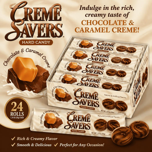 Creme Savers Chocolate&Caramel Flavor Hard Candies - 1.76 oz, 24-Count Tray Packaging, Sweet Snack for Daily Enjoyment