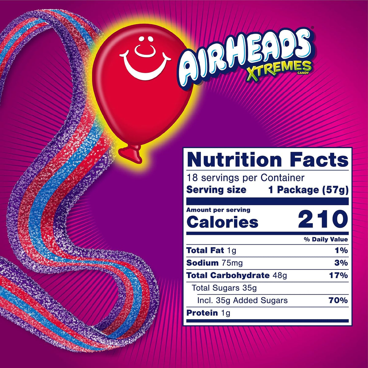 Airheads Xtremes Very Berry Special Edition Candies - 2oz, 18-Count Sweet & Sour Tangy Sugar Candy Belts, Soft Chewy Berry Strips, Tray Packaging