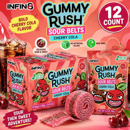 INFIN8 Gummy Rush Sour Belts Cherry Cola 3.4 oz 12 Count Peg Bag Sour Gummy Candy