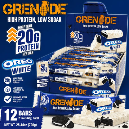Grenade UK Protein Bar White Oreo 2.12 oz 12 Count  Cookies & Cream Protein Snack Bars | Imported British Fitness Treats