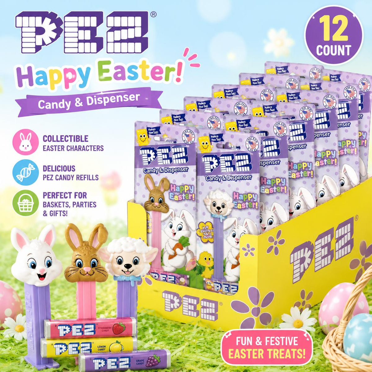 PEZ Easter Assorted Candy Dispensers, 12-Count Collectible Set with PEZ Candy Refills, Easter Basket Favors, Holiday Gift