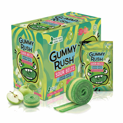 INFIN8 Gummy Rush Sour Green Flavor Soft Tangy Chewy Candy Belts, 3.4oz, 12-Count Candies for Party & Daily Snacking