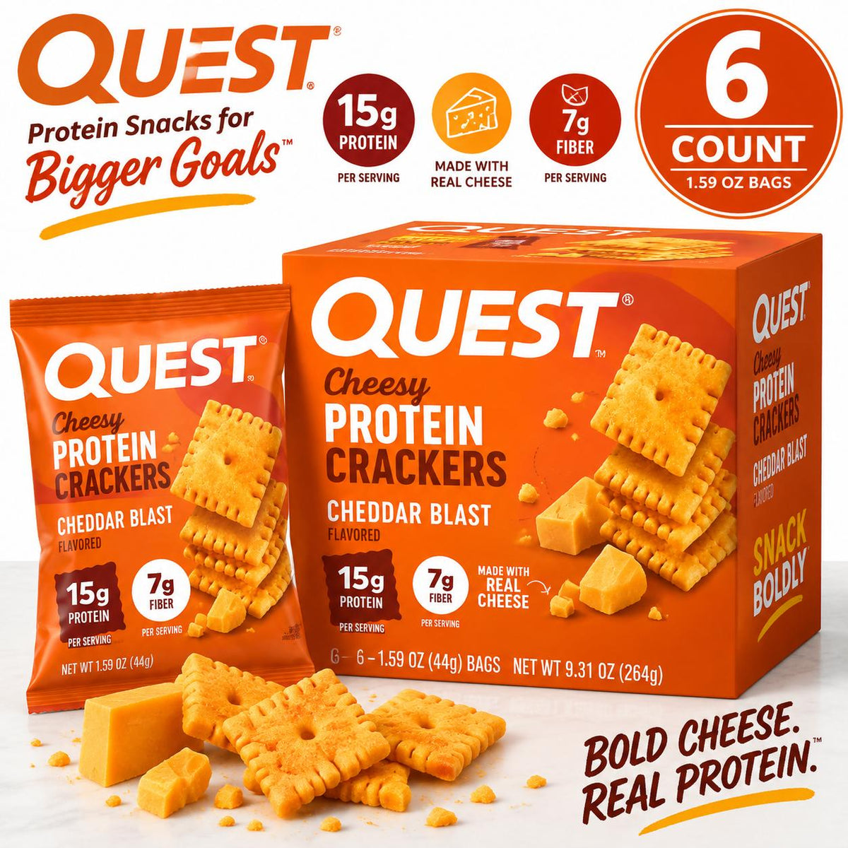 Quest Protein Cheesy Crackers, Cheddar Blast - 1.59 oz, 6 Count, High-Protein Real Cheese Snack Crackers