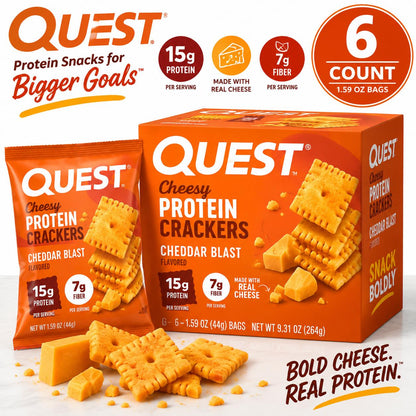 Quest Protein Cheesy Crackers, Cheddar Blast - 1.59 oz, 6 Count, High-Protein Real Cheese Snack Crackers