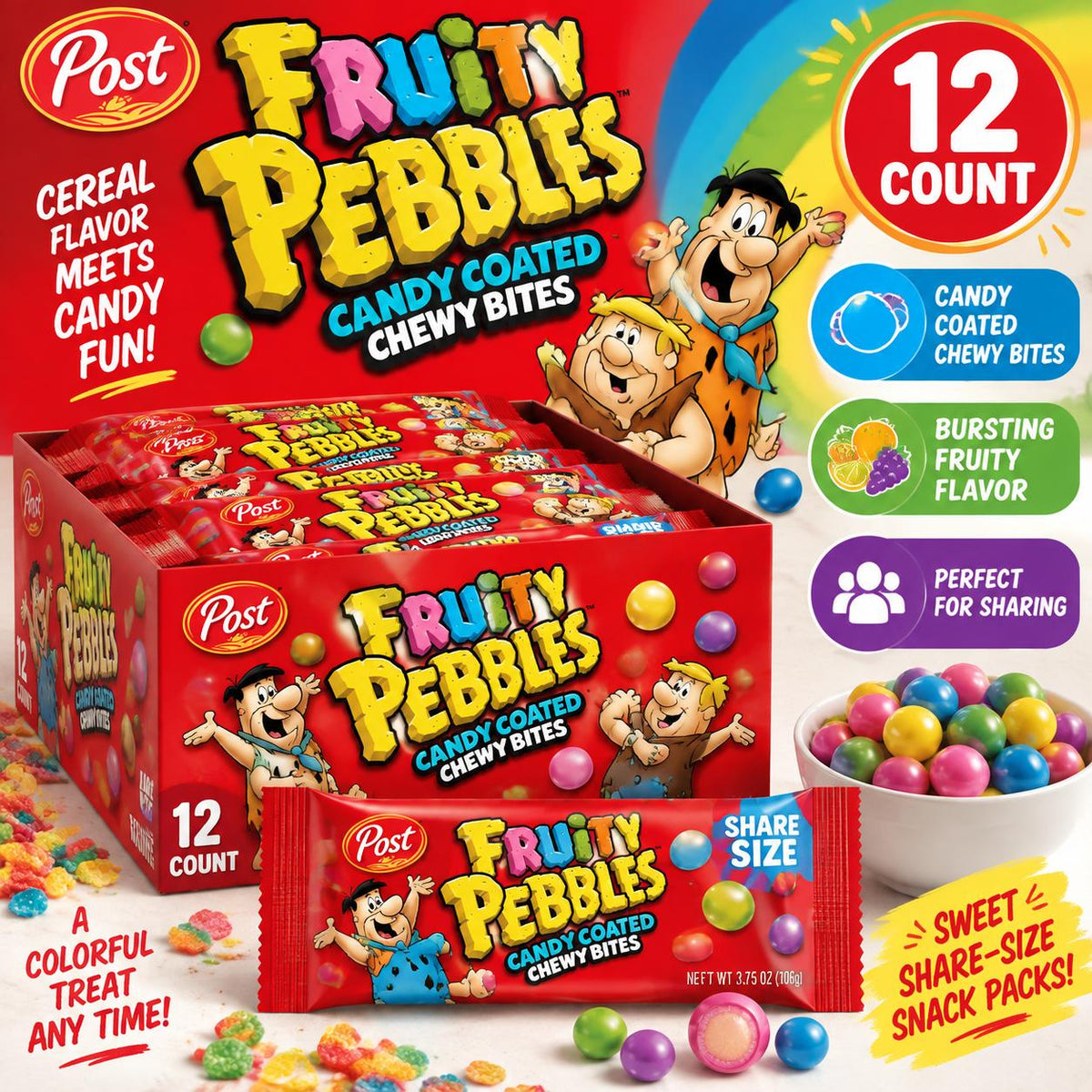 Fruity Pebbles Chew Bites Sugar-Based Candy Snacks, 3.75oz Tray Pack, 12-Count Fruity Cereal-Inspired Treats for Parties & Share-Size Snacking