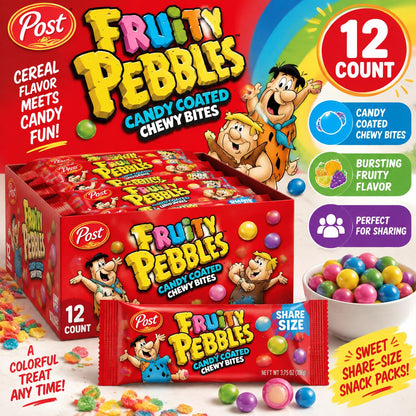 Fruity Pebbles Chew Bites Sugar-Based Candy Snacks, 3.75oz Tray Pack, 12-Count Fruity Cereal-Inspired Treats for Parties & Share-Size Snacking