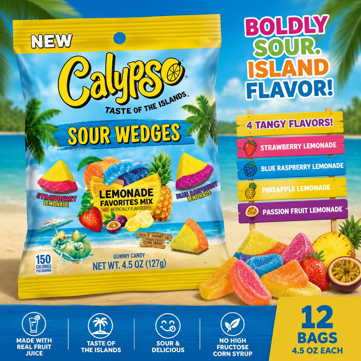 Calypso Sweet Sour Fruit & Chewy Lemonade Favorites Wedges, 4.5 oz Sour Gummy Candy Peg Bags, 12 Count