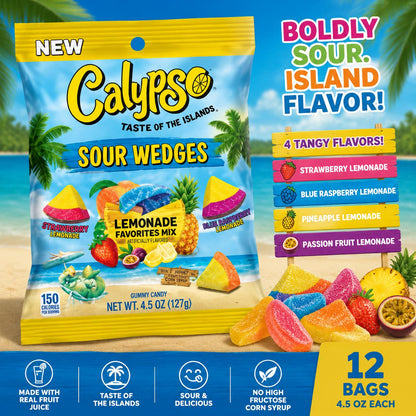 Calypso Sweet Sour Fruit & Chewy Lemonade Favorites Wedges, 4.5 oz Sour Gummy Candy Peg Bags, 12 Count
