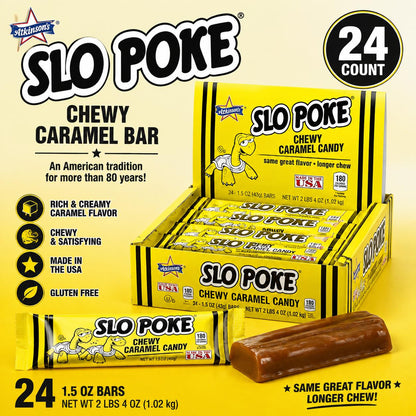 Atkinson Slo Poke Chewy Caramel Bars 1.5 oz 24 Count  Classic Slow-Cooked Caramel Candy | Individually Wrapped Retro Treats