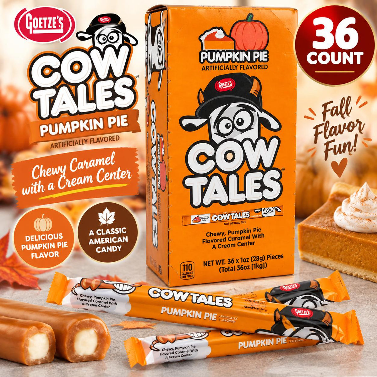 Goetze's Pumpkin Pie Cow Tales Halloween Candy, 1 oz, 36 Pieces Fall-Flavored Caramel Snacks