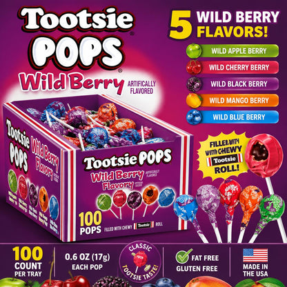 Tootsie Pops Wild Berry Flavor Hard Candy Snack Pack - 100 Count Large Tray Box, Fruity Sweet Treats with Chewy Tootsie Roll Center, Bulk for Parties, Ambient Storage