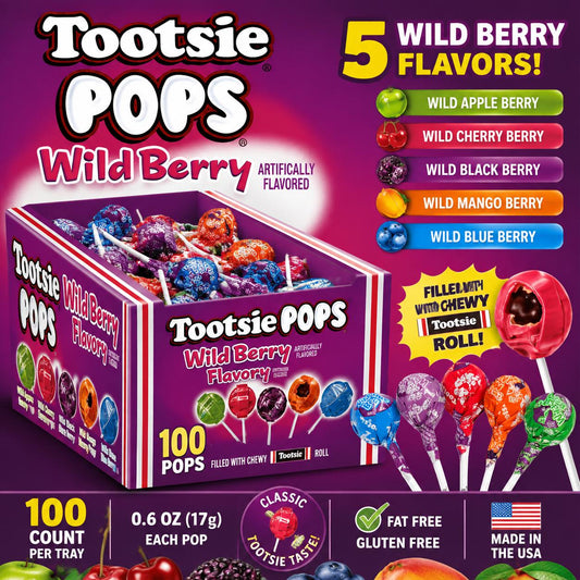 Tootsie Pops Wild Berry Flavor Hard Candy Snack Pack - 100 Count Large Tray Box, Fruity Sweet Treats with Chewy Tootsie Roll Center, Bulk for Parties, Ambient Storage