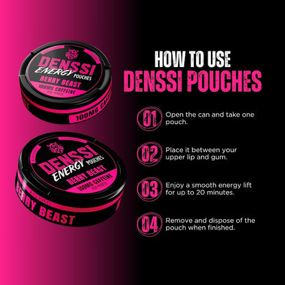 Denssi Energy Caffeine Pouches Berry Beast Flavor 15 Count Tin 8 Pack Sweet Candy Snack