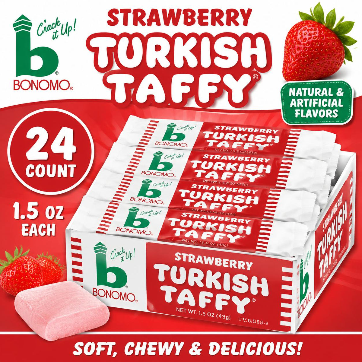 Bonomo Turkish Taffy Strawberry Candy Bars 1.5 oz 24 Count  Classic Chewy Strawberry Taffy | Retro Individually Wrapped Candy Treats