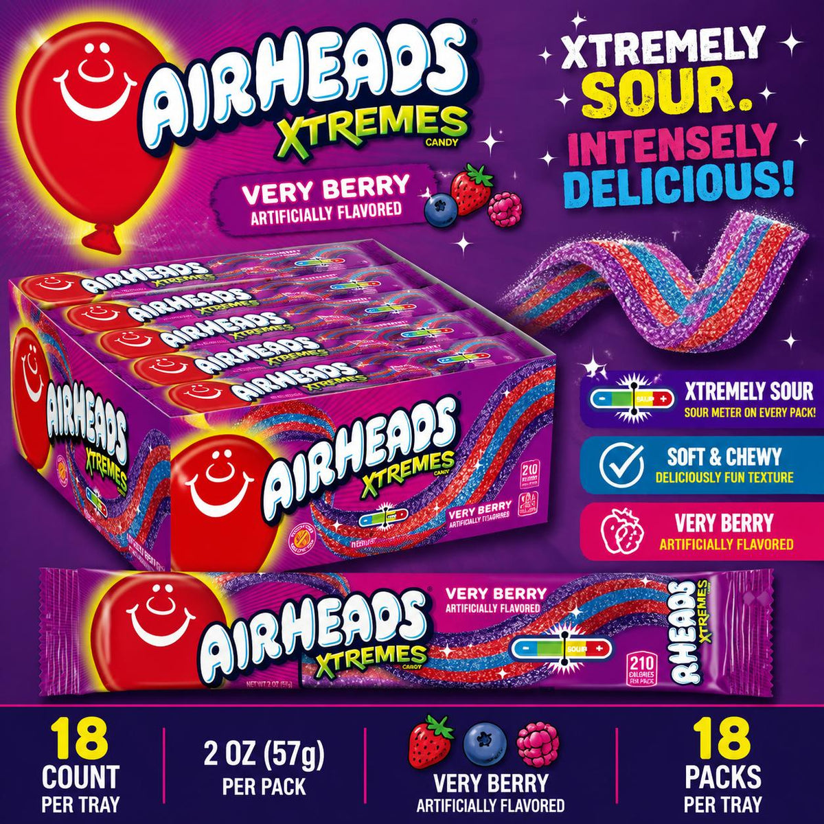 Airheads Xtremes Very Berry Special Edition Candies - 2oz, 18-Count Sweet & Sour Tangy Sugar Candy Belts, Soft Chewy Berry Strips, Tray Packaging