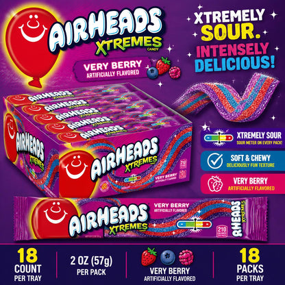 Airheads Xtremes Very Berry Special Edition Candies - 2oz, 18-Count Sweet & Sour Tangy Sugar Candy Belts, Soft Chewy Berry Strips, Tray Packaging