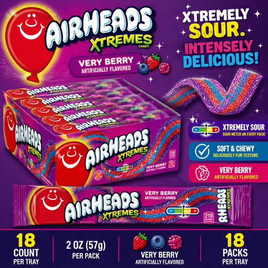 Airheads Xtremes Very Berry Special Edition Candies - 2oz, 18-Count Sweet & Sour Tangy Sugar Candy Belts, Soft Chewy Berry Strips, Tray Packaging