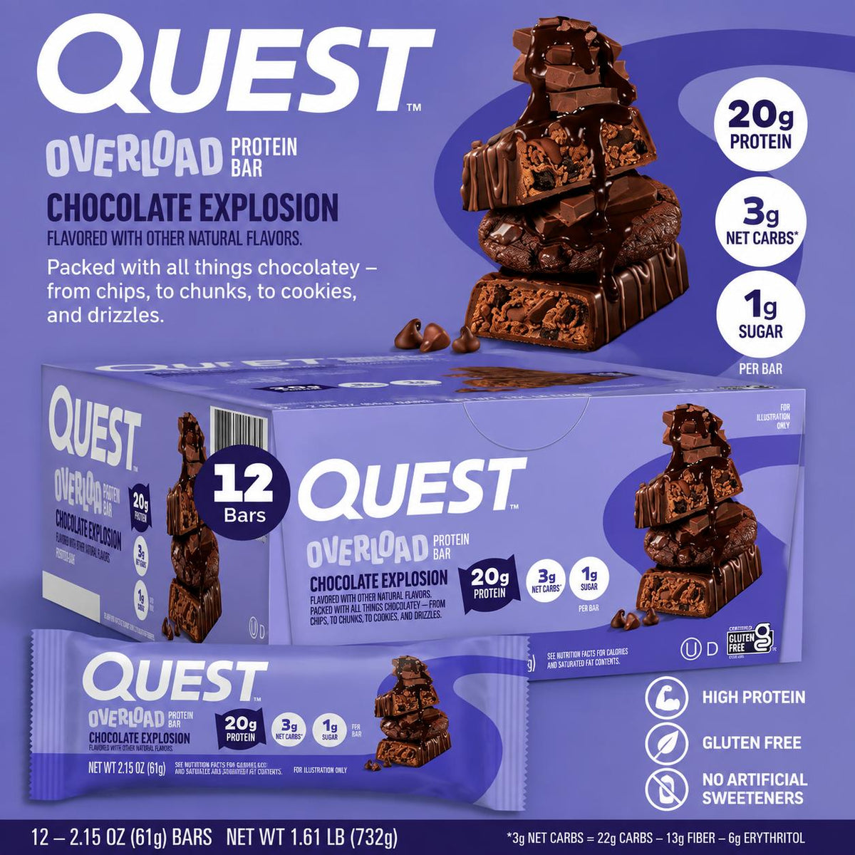 Quest Protein Overload Chocolate Explosion High-Protein Dessert Snack Bars, 2.15 oz, 12-Count Pack