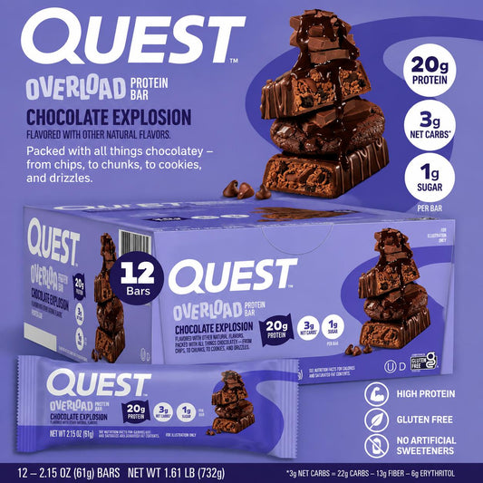 Quest Protein Overload Chocolate Explosion High-Protein Dessert Snack Bars, 2.15 oz, 12-Count Pack