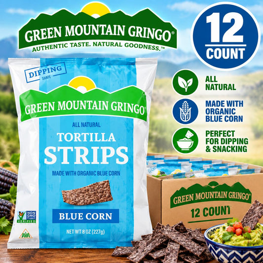 Green Mountain Gringo Blue Tortilla Strips 8 oz 12 Count Crunchy Tortilla Snack Chips